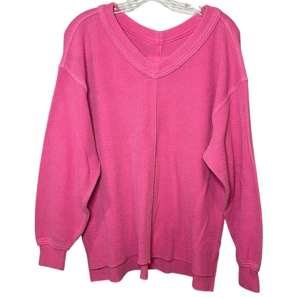 Aerie Wonder Textured V-Neck Sweatshirt Pink Oversized Cozy Waffle Knit Sz XS - Picture 3 of 8